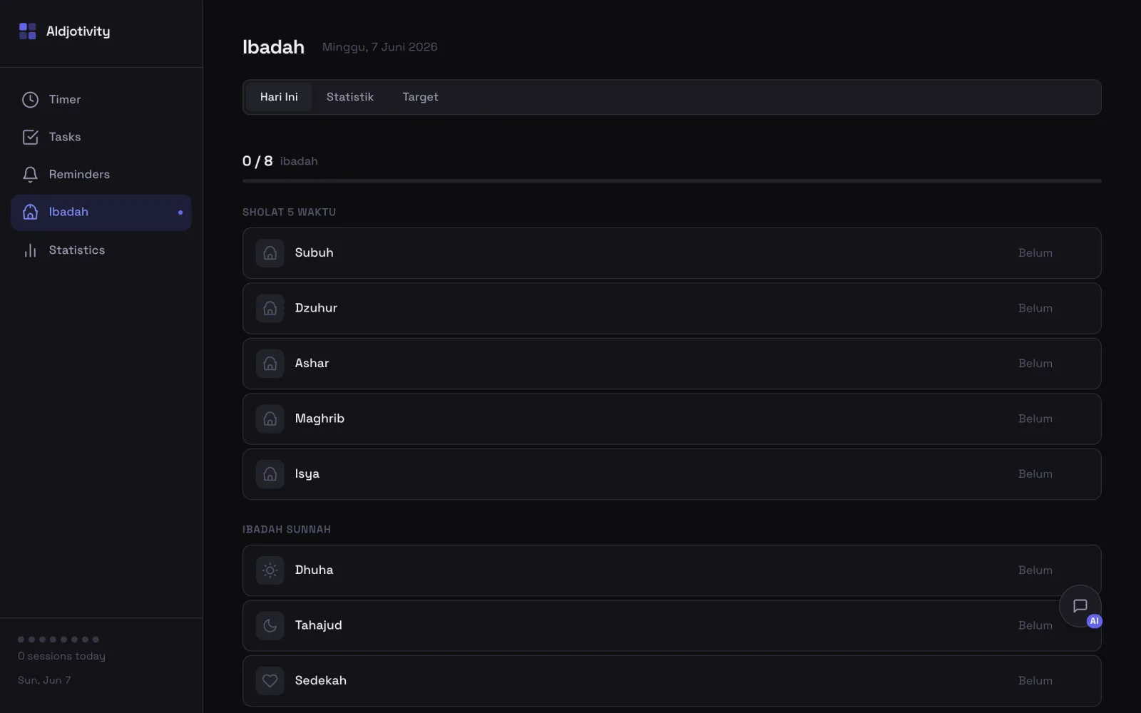 Aldjotivity — Tracking ibadah harian