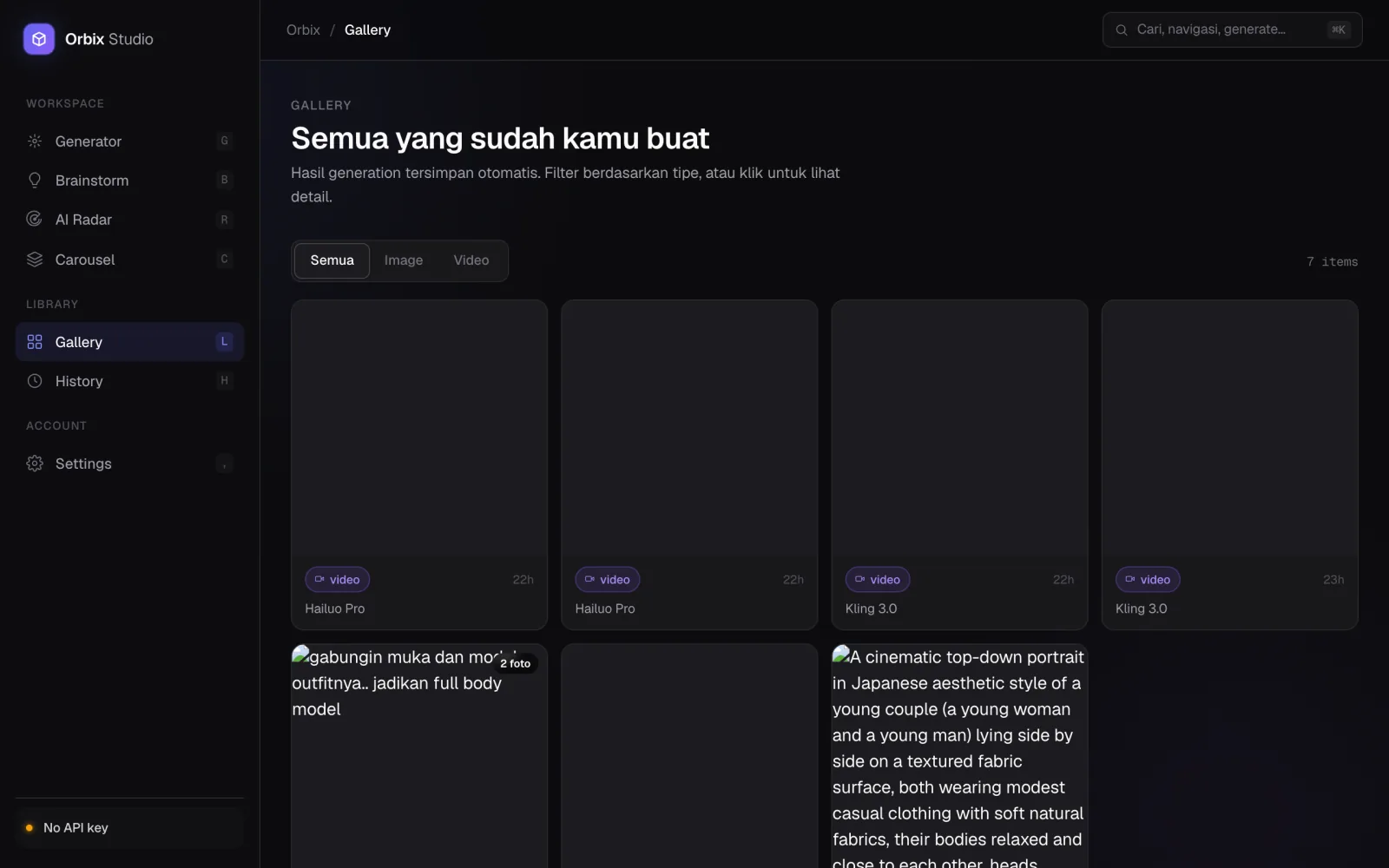 Content Studio — Galeri hasil generate